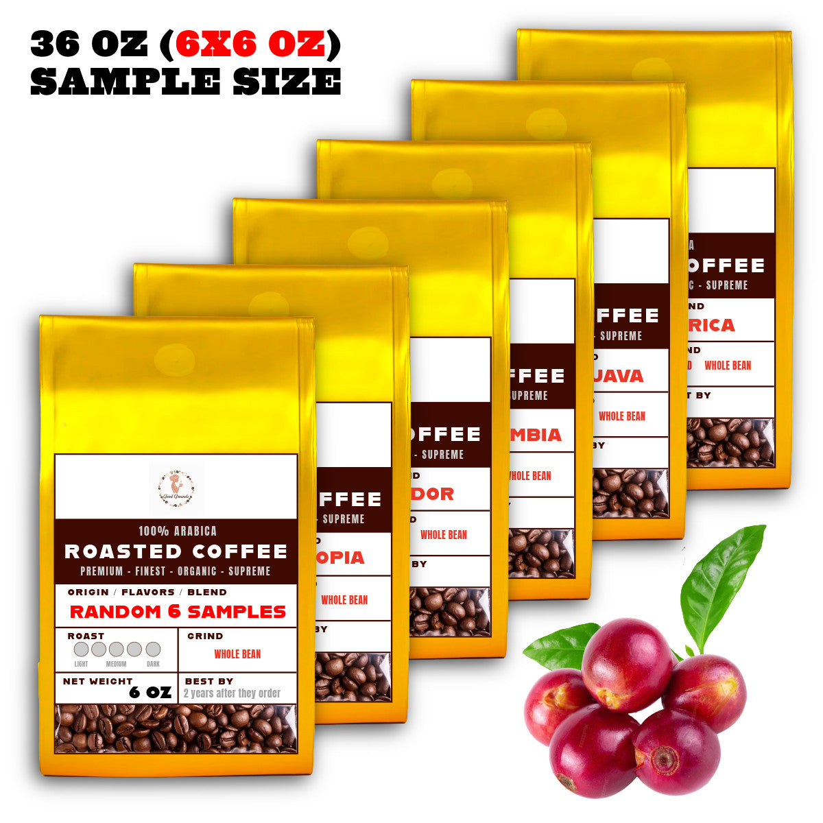 36OZ Random 6 x 6 OZ Sample Size Coffee Beans Roasted Espresso Coffee Supreme Finest Artisan Beans vary from Vanuatu Sumatra Ethiopia  Brazil Kenya Colombia Guatemala Burundi Costa Rica East Java El Salvador Honduras etc